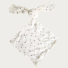Load image into Gallery viewer, Cream baby comfort blanket with black dandelion patterns. 2 ears and a round head and squared body