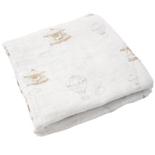Load image into Gallery viewer, Air balloon carousel Blanket - feeding weaning teething and burp muslin double gauze blanket - side view stacked and folded up view of the blankets - Little Scandi baby