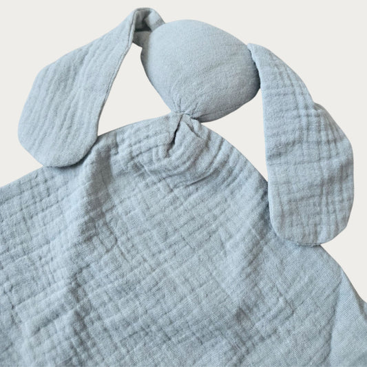 Mint green muslin bunny security blanket with long ears, round head and squared body
