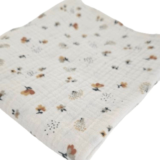 Hedgehog Garden Blanket - feeding weaning teething and burp muslin double gauze blanket - Close up view of the blanket - Little Scandi baby