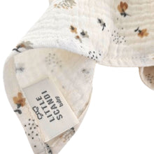 Load image into Gallery viewer, Hedgehog Garden Blanket - feeding weaning teething and burp muslin double gauze blanket - label Close up view of the blanket - Little Scandi baby