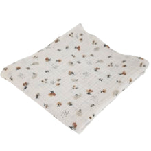 Load image into Gallery viewer, Hedgehog Garden Blanket - feeding weaning teething and burp muslin double gauze blanket - folded front view of the blanket - Little Scandi baby
