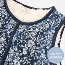 Load image into Gallery viewer, Kids Stylish - Blue Himmelblomst Vest design - Gilet Outerwear Clothing Sleeveless Vest Warm Vest Scandi Stylish - close up on front neckline - Little Scandi baby
