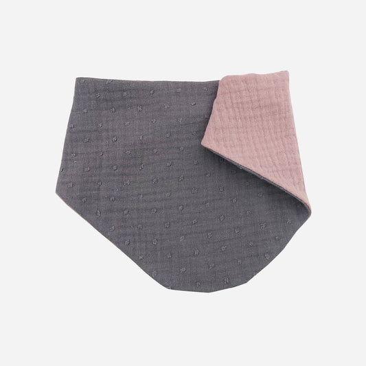 Purple Bubble Pink - reversible bib. Drool catcher saliva newborn teething weaning and feeding dribble bib - front view of bib with a flap of the back view of the bib - Little Scandi baby